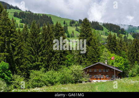 Chalet in the Swiss Alps with a Swiss flag. Schönried, Switzerland. Stock Photo