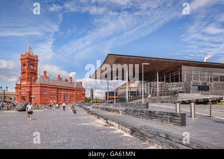 27 June 2016: Cardiff, Wales - The Pierhead Building, and the Senedd, the home of the National Assembly for Wales in Cardiff Bay Stock Photo