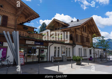 Train station of Gstaad, Switzerland, built in chalet style. Stock Photo