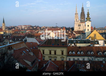 Zagreb Cathedral and the panorama of Zagreb, Croatia Stock Photo