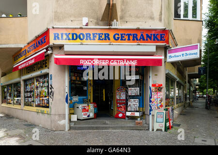 Typical corner alcohol and newsagent shop in Rixdorf neighbourhood of Neukolln in Berlin Germany Stock Photo