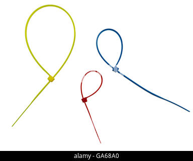 Three color closed cable ties on white background Stock Photo