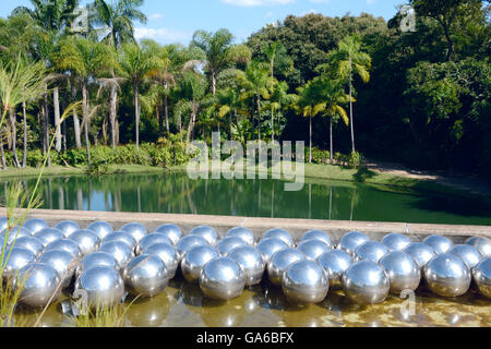 Brunadinho, Inhotim, Minas Gerais, Brazil - February 2016: Yayoi Kusama Narcissus garden, stainless steel balls on water in the Stock Photo