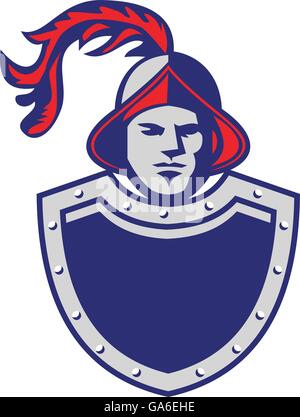 Illustration of a spanish conquistador wearing chest armor shield viewed from front set on isolated white background done in retro style. Stock Vector
