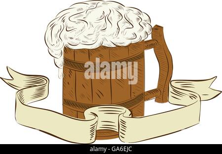 Drawing sketch style illustration of a medieval beer mug with foam set on isolated white background with ribbon done in retro style. Stock Vector