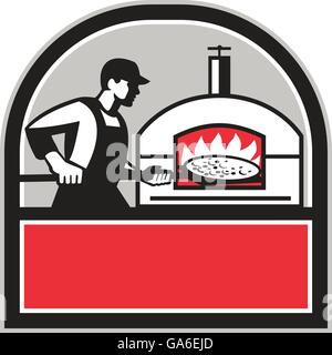 Illustration of a baker pizza maker cook holding a peel with pizza pie into a wood fired oven viewed from side set inside shield crest done in retro style. Stock Vector