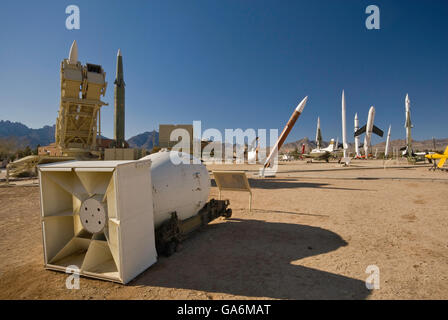 Fat Man nuclear bomb and rockets in Missile Park at White Sands Missile Range Museum near Las Cruces, New Mexico, USA Stock Photo