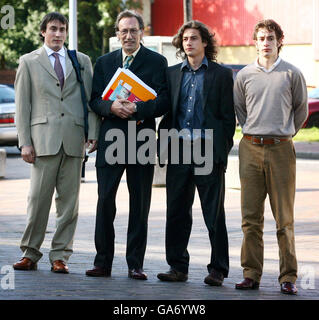 Comedy actor and writer Chris Langham (second left) arrives at Maidstone Crown Court in Kent accompanied by his sons, Siencyn Langham (left) Glyn Langham (second right) and Dafydd Jones-Davies (right). Stock Photo