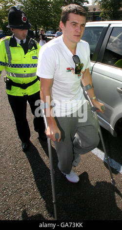 Newcastle United footballer Joey Barton leaves Trafford Magistrates' Court, Manchester, after pleading not guilty to attacking a team-mate in a training ground bust-up. Stock Photo