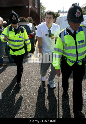 Newcastle United footballer Joey Barton leaves Trafford Magistrates' Court, Manchester, after pleading not guilty to attacking a team-mate in a training ground bust-up. Stock Photo