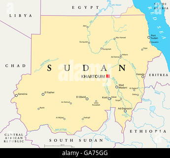 Sudan political map with capital Khartoum, national borders, important cities, rivers and lakes. English labeling and scaling. Stock Photo