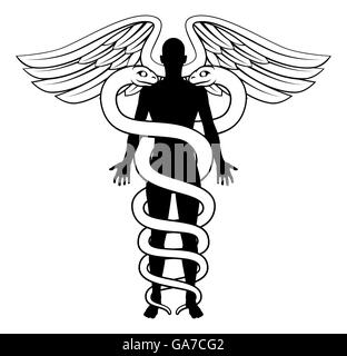 A conceptual graphic of a caduceus medical symbol with a human figure silhouette in the centre. Snakes bodies could symbolise a Stock Photo