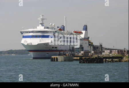 General view of the cross channel ferry Barfleur operated by Brittany Ferries alongside in Poole Harbour, Dorset. Stock Photo