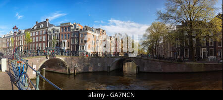 Panorama of the corner of Herengracht and Reguliersgracht in downtown Amsterdam, Netherlands in spring. Stock Photo