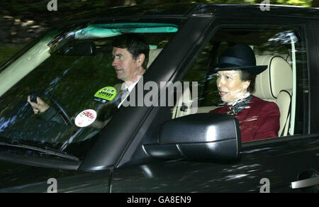 The Princess Royal and her husband Vice-Admiral Timothy Laurence leave Crathie church in Crathie Kirk, Aberdeenshire, after attending the Sunday sermon. Stock Photo