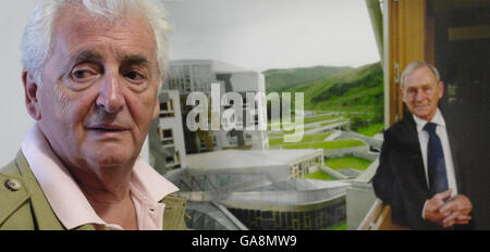 World-famous photographer Harry Benson stands in front of his portrait of George Reid at the Scottish Parliament in Edinburgh. He was paid 9,000 to take pictures of two of Scotland's most senior politicians, former Presiding Officer Reid and Sir David Steel. Stock Photo