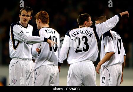 (L-R) Liverpool's Dietmar Hamann, John Arne Riise, Jamie Carragher and Steven Gerrard prepare a wall for a free kick Stock Photo