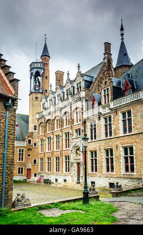 Bruges, Belgium. Medieval brickwork building in downtown historic center of Brugge, gothic city in West Flanders.