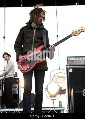 Simon Rix of the Kaiser Chiefs performs on stage as Vodafone TBA Presents The Kaiser Chiefs in concert on Blackpool promenade. Stock Photo