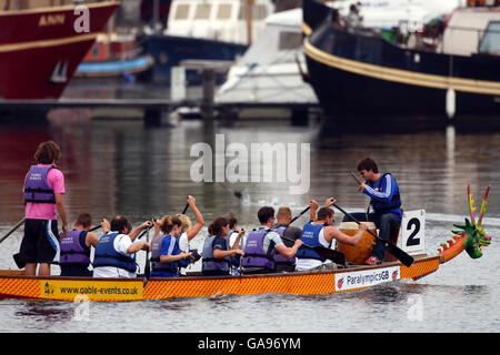 Celebrities and Paralympians take part in a dragon boat race to celebrate one-year-to-go to the Beijing Paralympic Games and to help raise funds for the BPA. Stock Photo