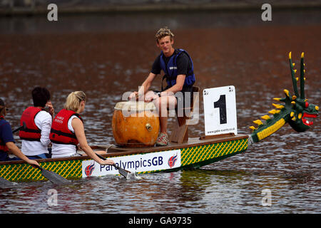 Jake Meyer acts as cox during the dragon boat race to celebrate one-year-to-go to the Beijing Paralympic Games and to help raise funds for the BPA. Stock Photo