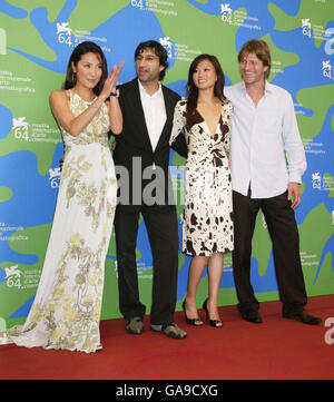 AP OUT (From left to right) Michelle Yeoh, director Asif Kapadia, Michelle Krusiec, Sean Bean attend the photocall for film, Far North during the Venice Film Festival in Venice, Italy. Stock Photo