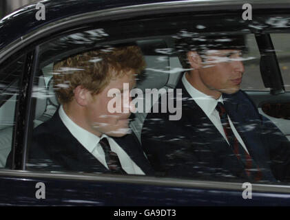 Prince William and Harry leave the Service of Thanksgiving for the life of Diana, Princess of Wales, at the Guards' Chapel, London. Stock Photo