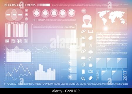 infographic elements, technology website icons. vector time line diagram, social media timetable, pie chart tools, blurred backg Stock Vector