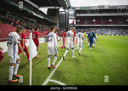 Copenhagen, Denmark. August 3rd 2016. The players enter Telia Parken during the UEFA Champions League qualification match between FC Copenhagen and FC Astra Giurgiu. FC Copenhagen won the match 3-0 and a through to the play-off round. © Samy Khabthani/Alamy Live News Stock Photo