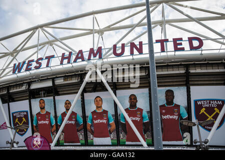 London, UK. 4th August, 2016. New signage and fabric panels bearing the images of West Ham players were in place at the London Stadium for West Ham United’s inaugural game there following their transfer from the Boleyn Ground at Upton Park. A Europa League third qualifying round match against NK Domzale of Slovenia, West Ham United won the match 3-0. Credit:  Mark Kerrison/Alamy Live News
