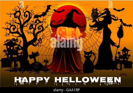 Halloween Background. Vector Halloween orange background with many flying bats, old house, moon, trees. Stock Photo