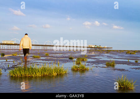 Southport, Merseyside, UK. 5th August, 2016. UK Weather: Sunrise over Southport Pier, Merseyside. UK. 05-08-2016 A man takes an early morning stroll along the shore of Southport Beach.  As the tide retreats, pools of blue sky litter the rippled sand.  After a day of heavy rain yesterday, holidaymakers will flock to the seaside this weekend to make the most of the warm summer weather.  Accretion of sediment, usually sand, which is evident by the seaward advance of a shoreline indicator, such as the high water line, berm crest, or vegetation line.  Credit:  Cernan Elias/Alamy Live News Stock Photo