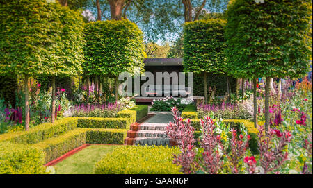 A show garden at the RHS Chelsea flower show 2016, The Husquarna Garden designed by Charlie Albone. Stock Photo