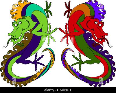 Vector illustration of two Chinese dragons. Black and white asian ...