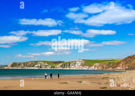 Beach walkers gather on the beach at Bigbury on Sea, South Devon, England, UK Stock Photo