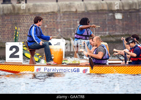 Celebrities and Paralympians take part in a dragon boat race to celebrate one-year-to-go to the Beijing Paralympic Games and to help raise funds for the BPA. Stock Photo