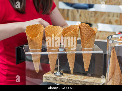 Waffle cones in an ice cream shop closeup Stock Photo