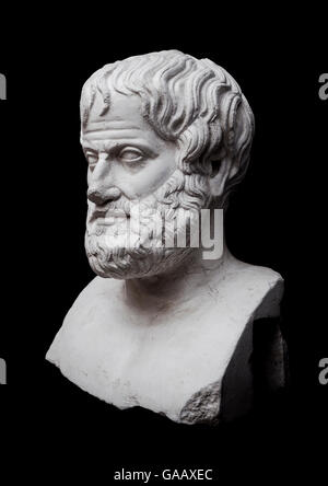 Philosopher Aristotle Sculpture Isolated on Black Background Stock Photo