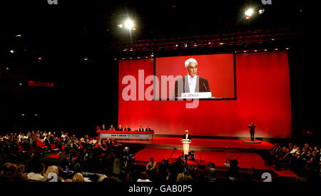 Chancellor of the Exchequer Alistair Darling makes his address on the first day of the 2007 Labour Party Conference at the Bournemouth International Centre. Stock Photo