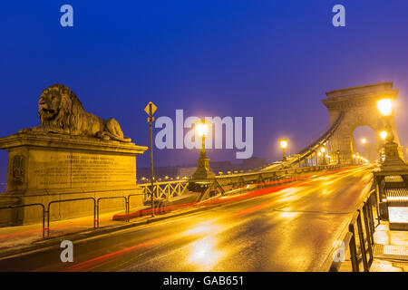 Suspension Chain Bridge in Budapest, Hungary Stock Photo
