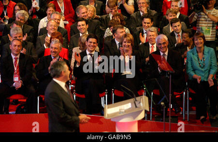 Labour's front bench listens to British Prime Minister Gordon Brown as he delivers his keynote speech to the Labour Party Conference in Bournemouth. Stock Photo