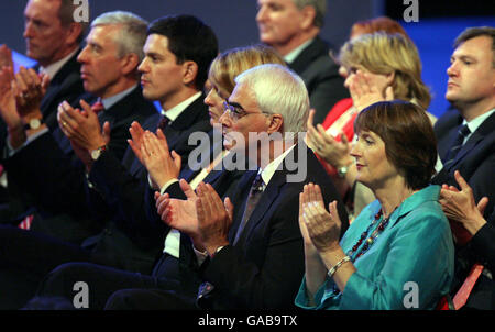 Labour's front bench listens to British Prime Minister Gordon Brown as he delivers his keynote speech to the Labour Party Conference in Bournemouth. Stock Photo