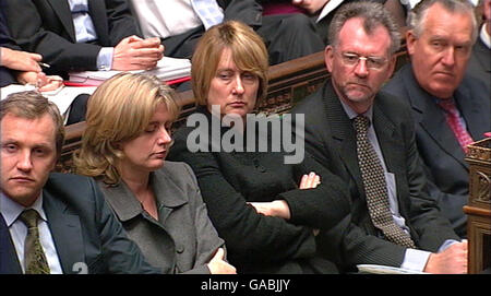 From left to right: Secretary of State for Culture Media and Sport James Purnell, Transport Secretary Ruth Kelly, Home Secretary Jacqui Smith, unidentified man, and Work and Pensions Secretary Peter Hain listen as Chancellor Alistair Darling gives his pre-budget report to Parliament. Stock Photo