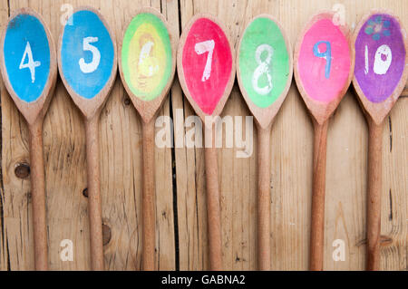 Brightly colored wooden spoons with numbers in a sequence arranged in a ...