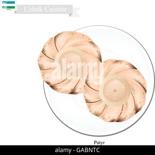 Uzbek Cuisine, Illustration of Patyr or Traditional Aromatic Flat Bread Prepared with Cream and Butter. One of Most Popular Dish Stock Vector