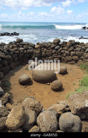 the round stone at tepito kura te henau easter island. believed to be the birth place of the easter island people. Stock Photo