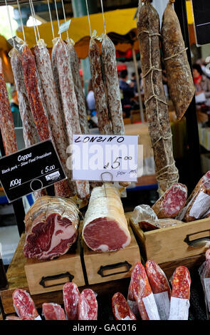 meats on meat stall in borough market, london, england Stock Photo