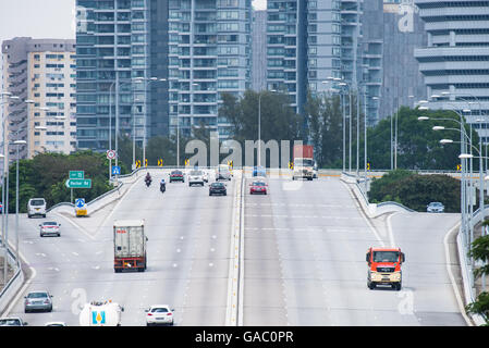 The beginning of East Coast Parkway (ECP) in Singapore, at Marina Bay. Stock Photo