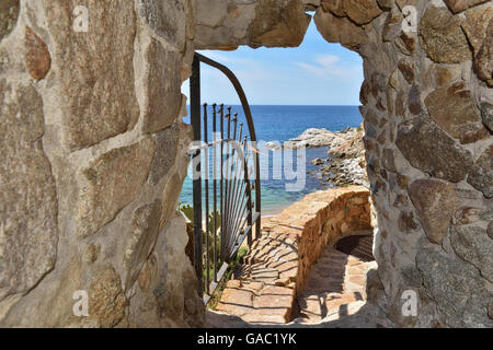 View of the sea from medieval fortress in historical part of the city on May 24, 2016, in Tossa de Mar, Spain Stock Photo