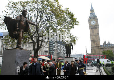 A statue of David Lloyd George after being unveiled by the Prince of Wales in Parliament Square, Westminster, London, with the Duchess of Cornwall in attendance. Stock Photo